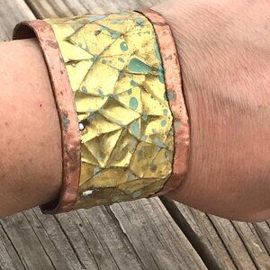 Verdigris Green Patina Brass Copper Crinkle Embossed Cuff Bracelet Brutalist XL